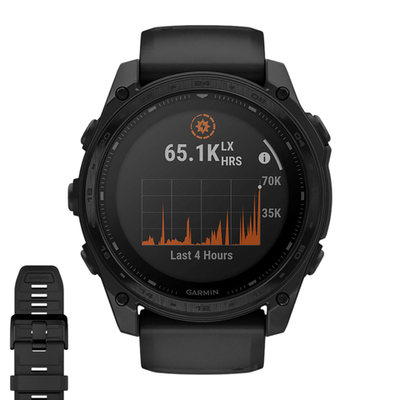 Спортивные часы Garmin tactix 8, 51 мм, Solar, чёрный нейлоновый ремешок, чёрный силиконовый ремешок Безель из титана, дисплей Solar со стеклом Power Sapphire. Силиконовый ремешок и нейлоновый ремешок с классическими застёжками — на запястье обхватом 127–