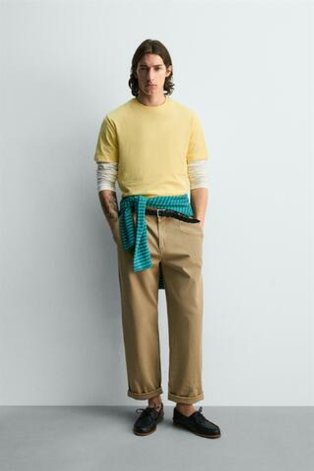 ZARA ФУТБОЛКА REGULAR FIT ЖАККАРД В ПОЛОСКУ, ЖЕЛТЫЙ