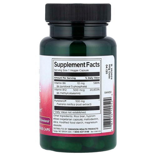 Swanson, Пуэрария мирифика с витаминами B6 и B12, 60 растительных капсул