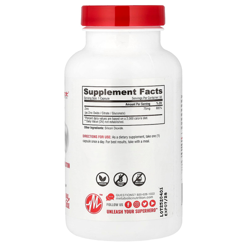 Metabolic Nutrition, Цинк, 75 мг, 90 капсул