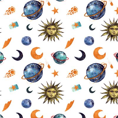 космический акварельный паттерн, вселенная, планеты, звезды