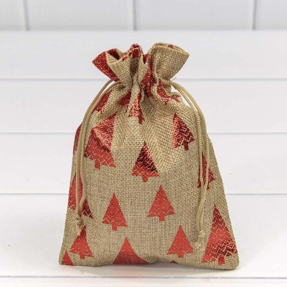Мешочек 14 х 20 см "Елки" с рисунком искусственный лен (коричневый)