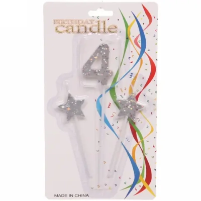 Свеча для торта Цифра Звёздное сияние «4» 16 см (набор 3шт), серебро