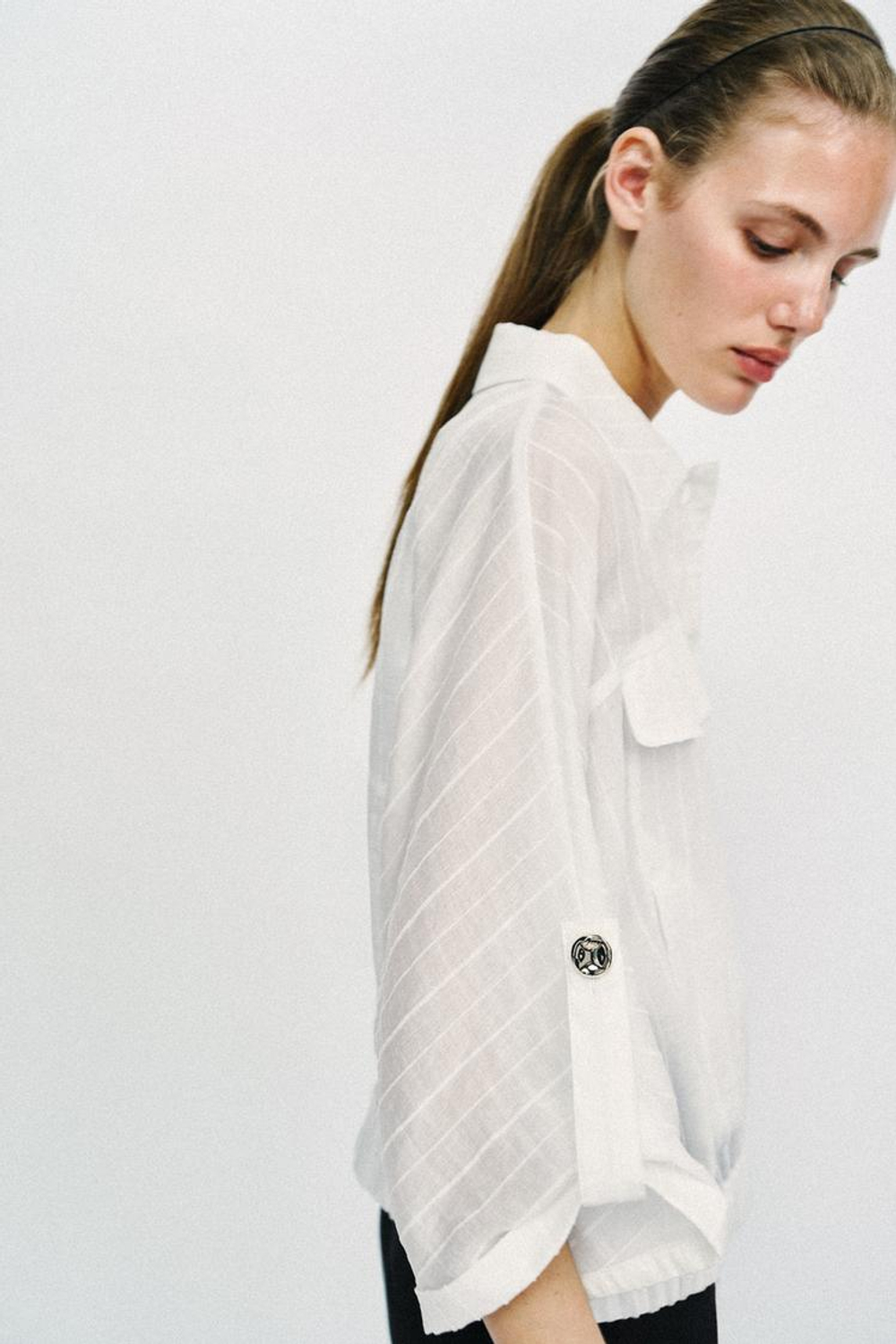 ZARA БЛУЗА-САФАРИ С ПОДВЕРНУТЫМИ РУКАВАМИ, БЕЛЫЙ