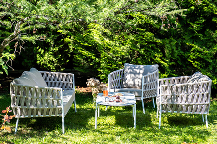 "Диего" лаунж-зона 4-местная плетеная из роупа (веревки), каркас алюминиевый белый, роуп бежевый