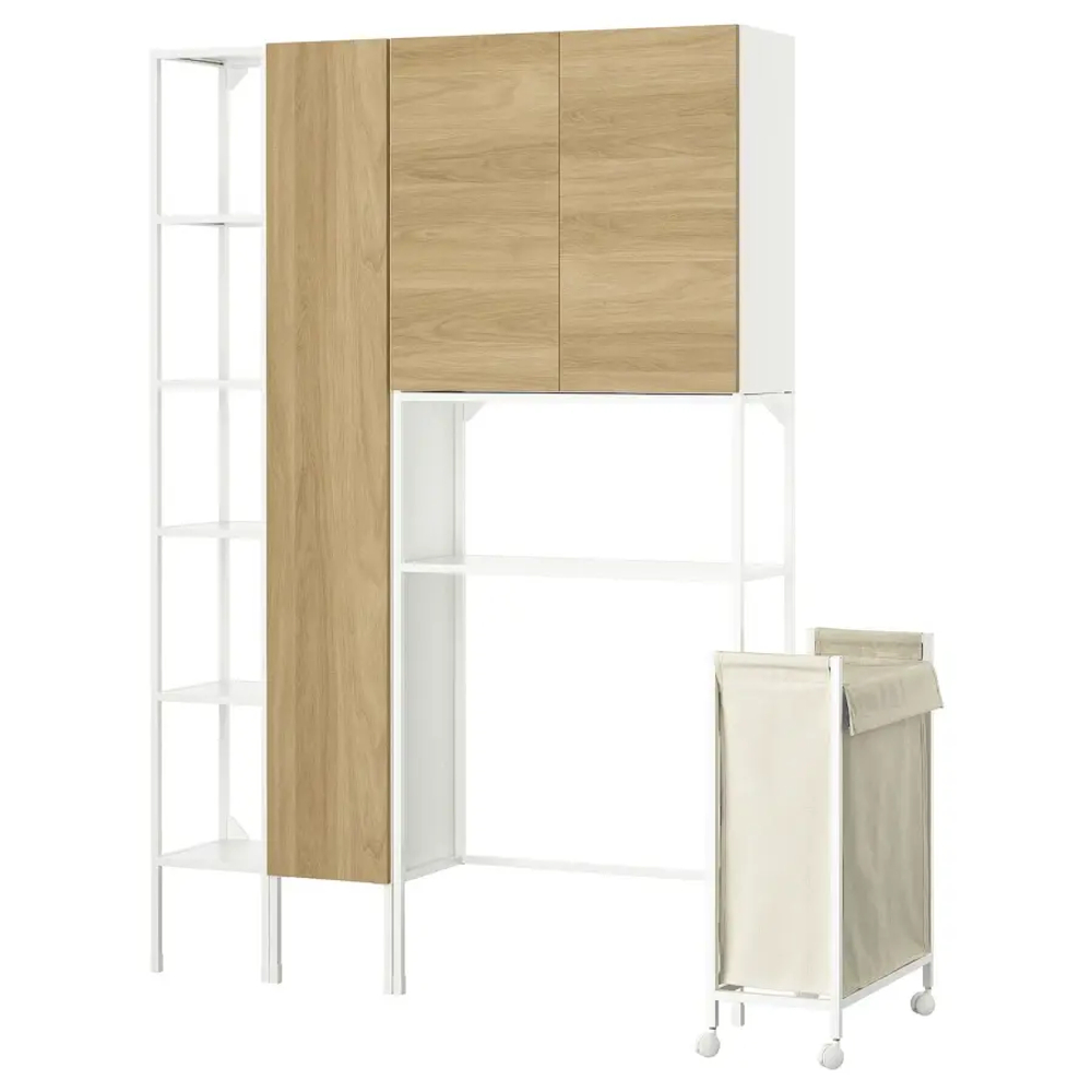 Комбинация для ванной - IKEA ENHET, 140х32х204 см, белый/имитация дуба, ЭНХЕТ ИКЕА