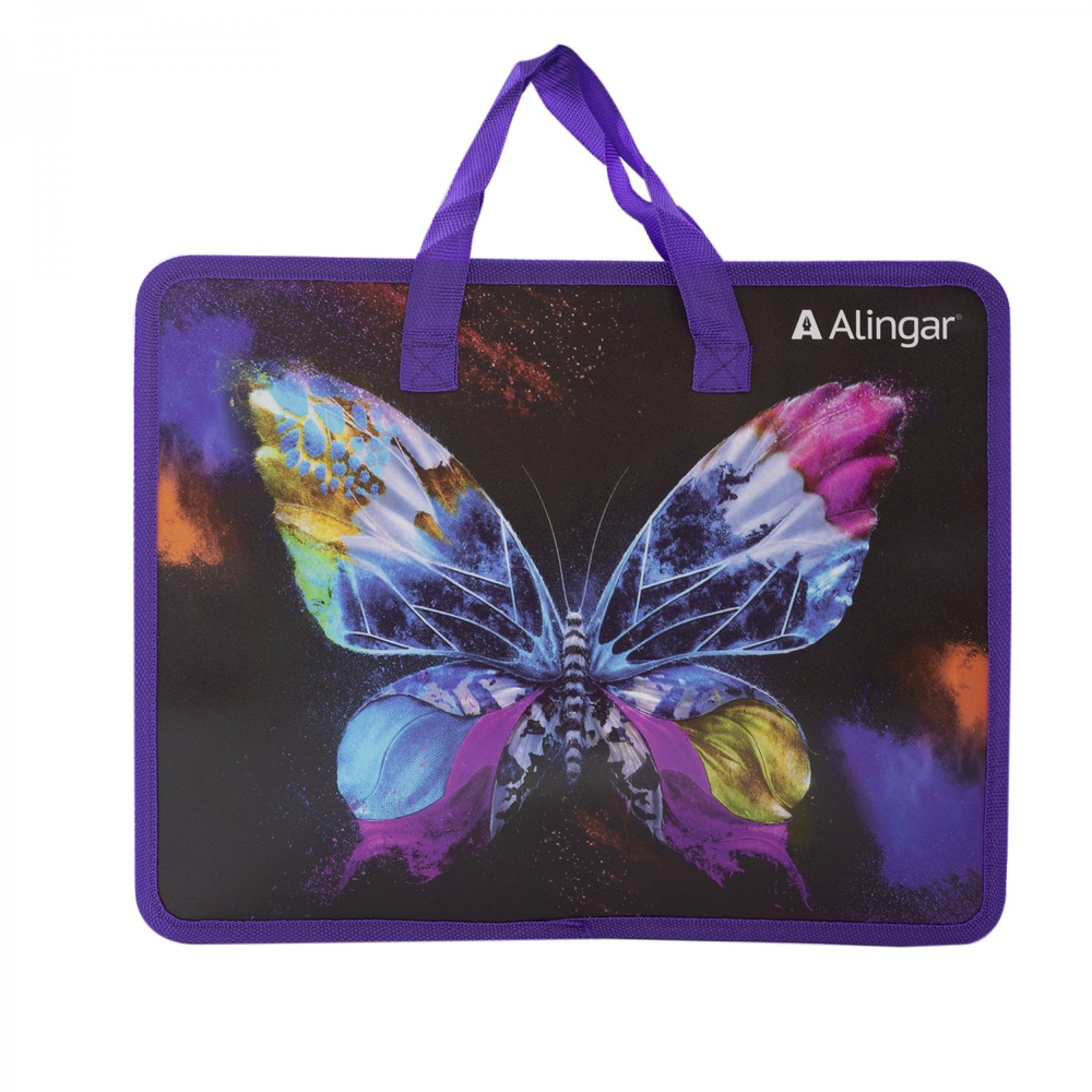 Папка с ручками 1 отделение, А4 265х335х90мм, Alingar, пластик, ручки тесьма, дизайн с двух сторон, молния сверхуг, "Неоновая бабочка"