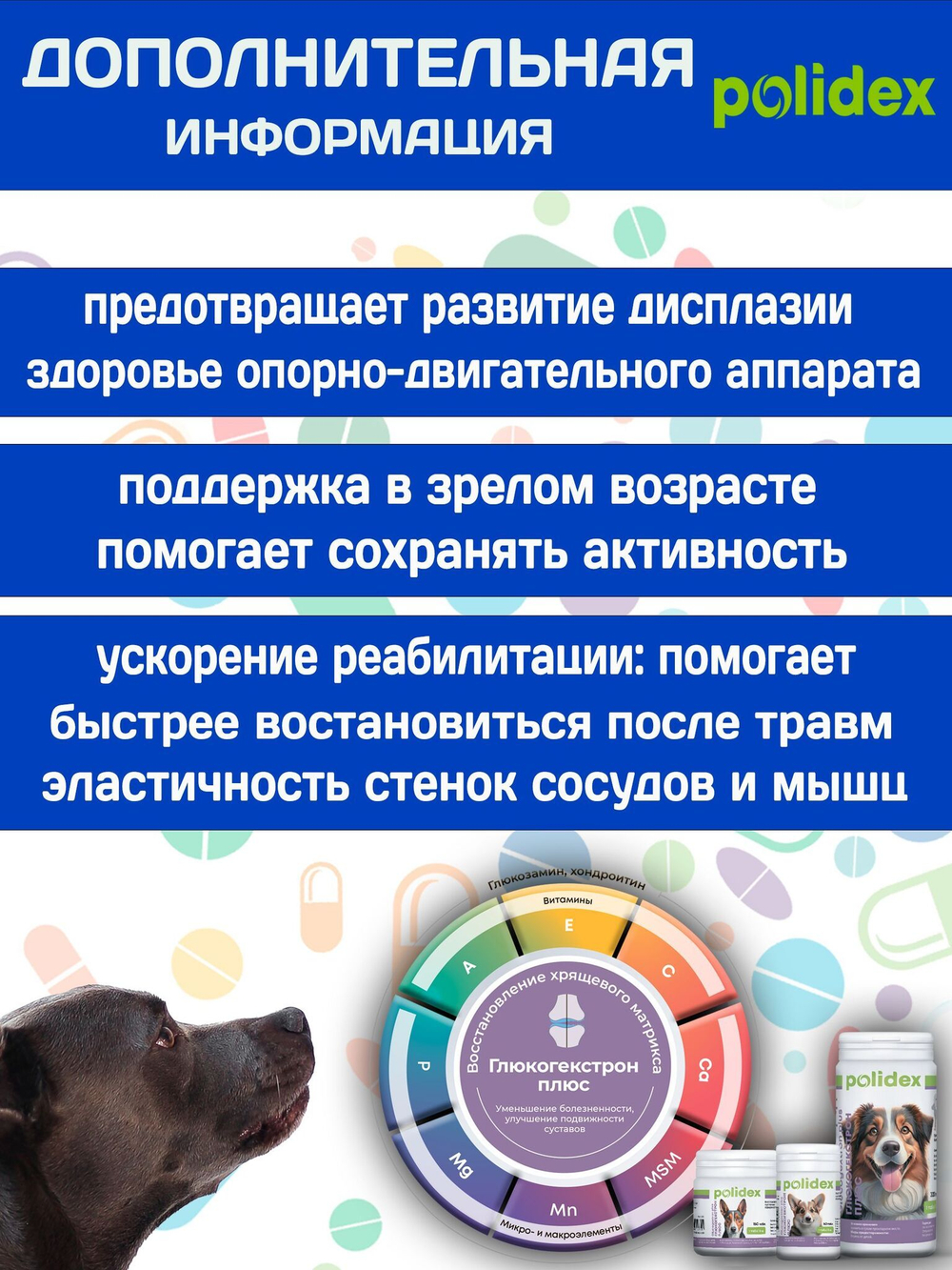 Polidex Glucogextron PLUS для собак Хонтропротектор для профилактики повреждений и восстановление суставов, связок, сухожилий, соединительной ткани Полидекс Глюкогекстрон Плюс, 150таб