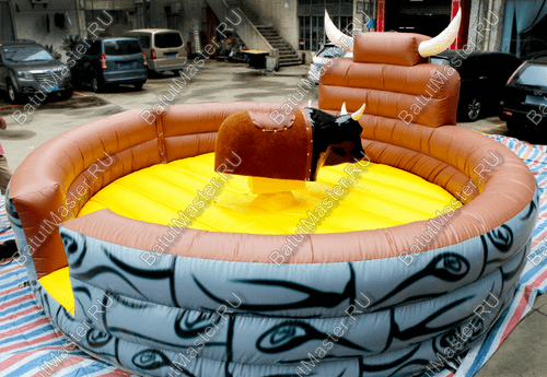 Надувной аттракцион Родео, бык+батут, черный с имитацией под кожу