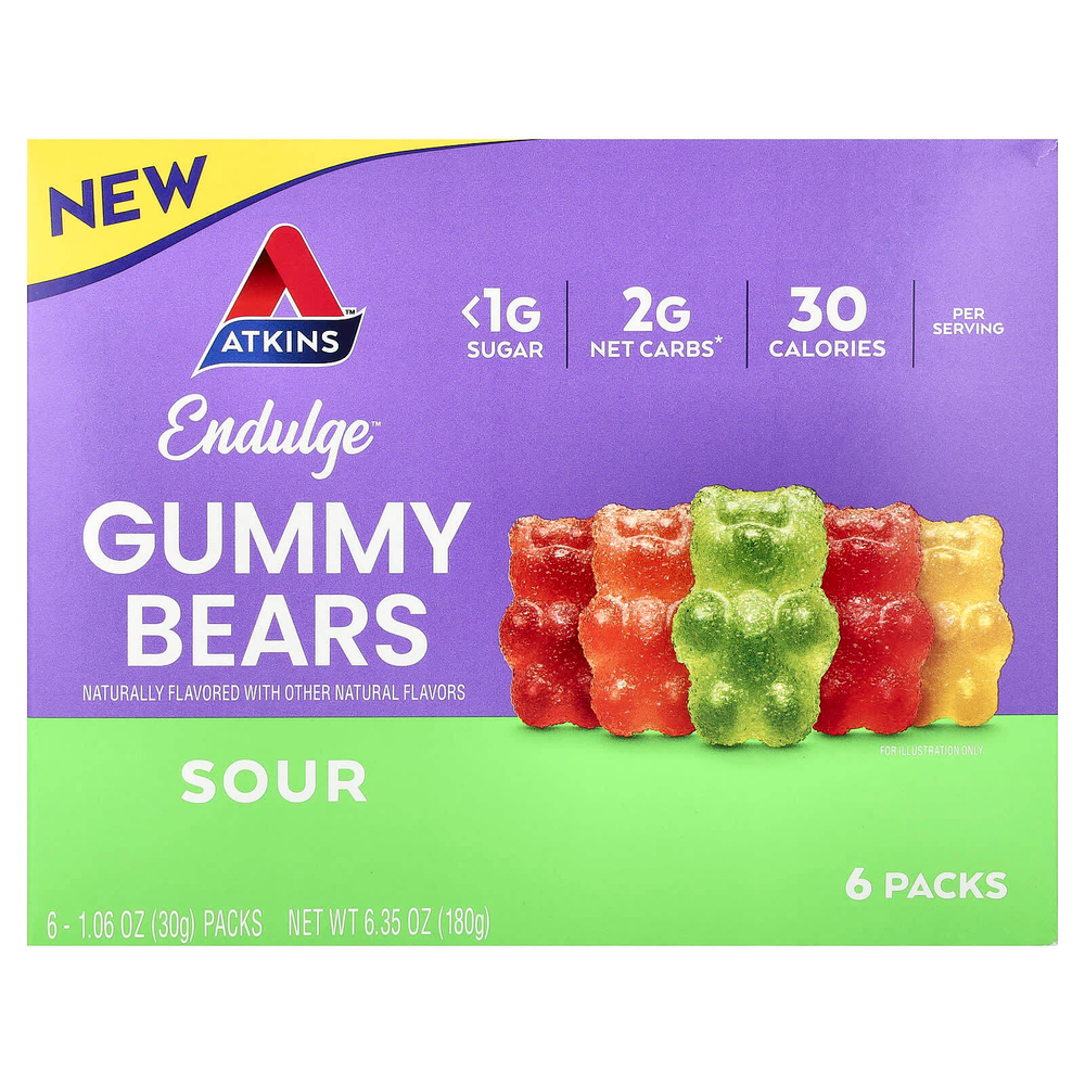 Atkins, Endulge ™, жевательные мишки, кислые, 6 пакетиков по 30 г (1,06 унции)