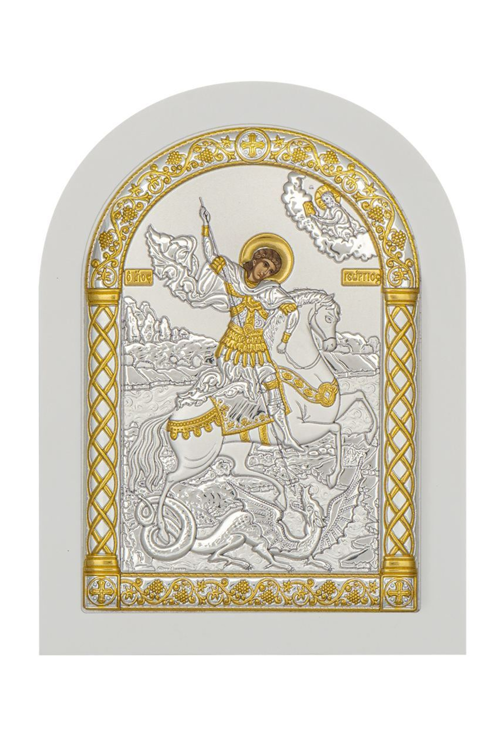 Георгий Победоносец, икона арочная, белое дерево 206х275