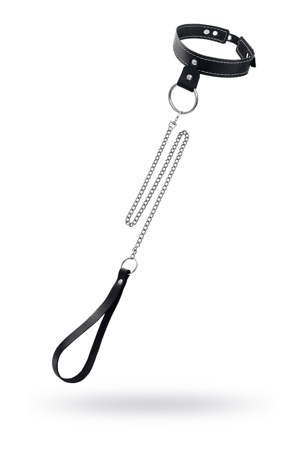Черный узкий однослойный ошейник с серебристым поводком-цепочкой