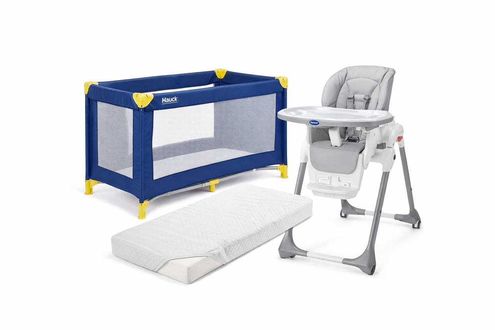Манеж-кровать Hauck + матрас для сна + стульчик для кормления Chicco напрокат