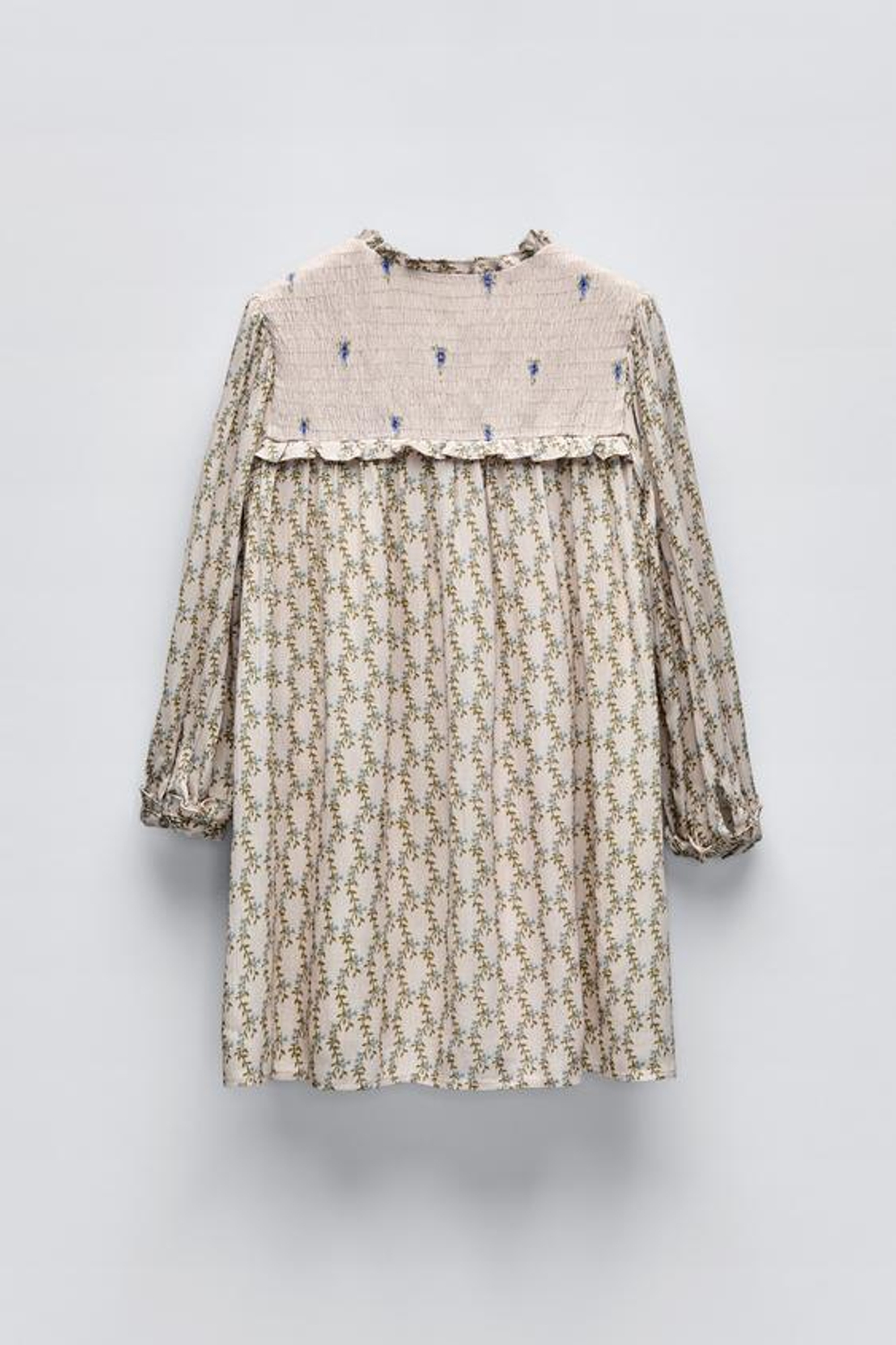 ZARA ПЛАТЬЕ С ЦВЕТОЧНЫМ ПРИНТОМ И КОКЕТКОЙ, СВЕТЛО-БЕЖЕВЫЙ