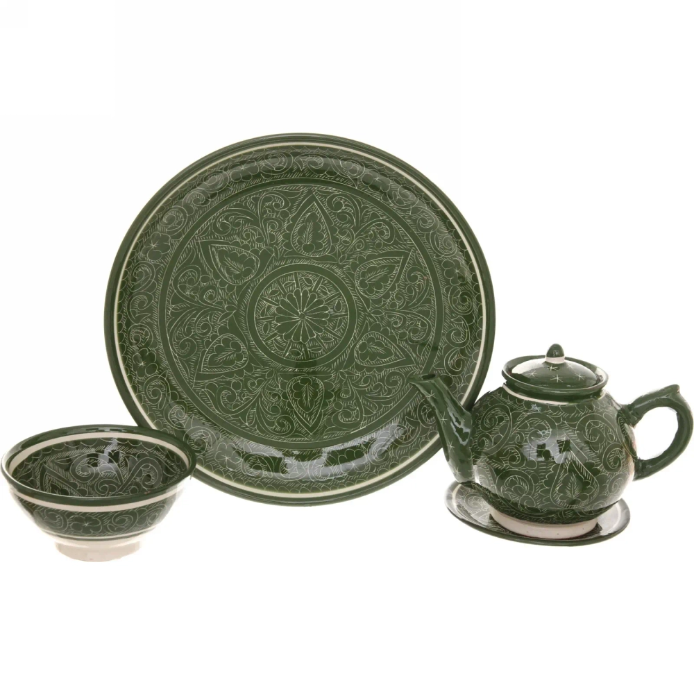 Чайный набор 9 предметов Зеленый (блюдо, чайник, пиала 6шт) Риштанская керамика