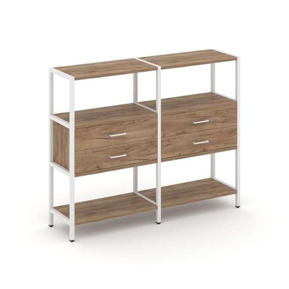 Shelf System Двухсекционный стеллаж трехярусный с ящиками SN.STM-322 Дуб Табак/Металл Белый 1590*400