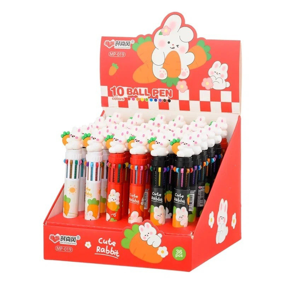 Ручка шариковая, автоматическая, 10в1, Basir, серия "ЗАЙЧИК", 10-ти цветная, с резиновой фигуркой, 36 шт