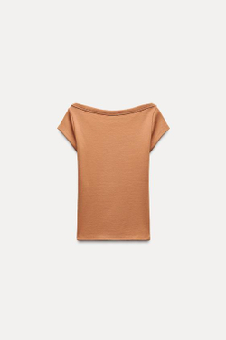 ZARA ТОП В РУБЧИК С ВЫРЕЗОМ «ЛОДОЧКА», ОХРА