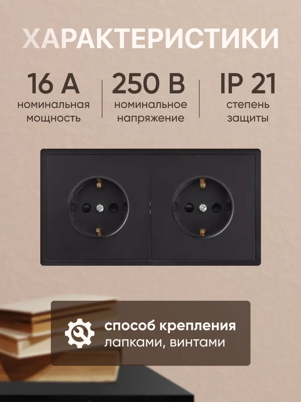 Розетка внутренняя двойная с заземлением черная