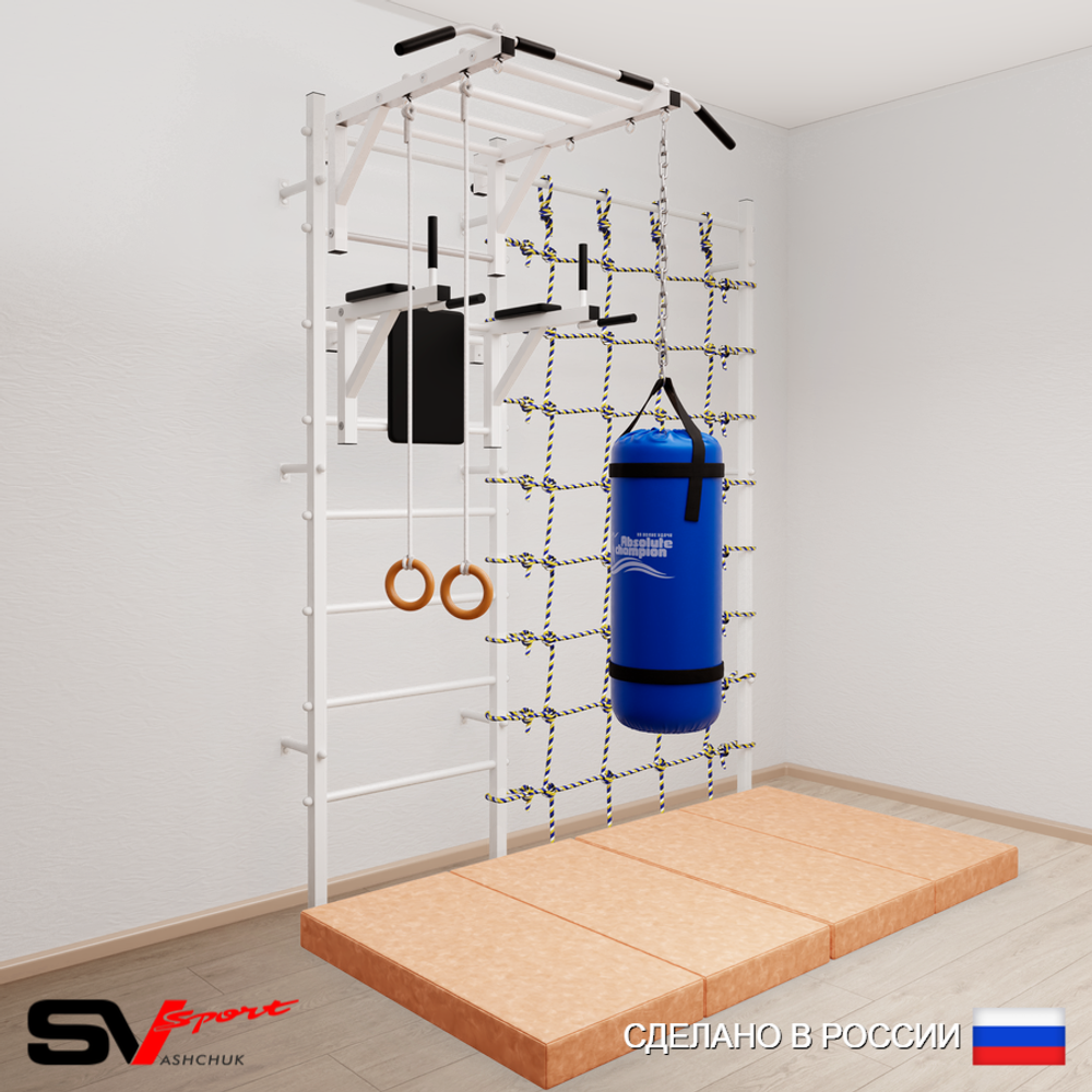 Шведская стенка Sv Sport усиленная 64170 (Турник рукоход/Брусья/Кольца/Цепь/Мешок 30кг/Мат 2м/Канатный лаз)
