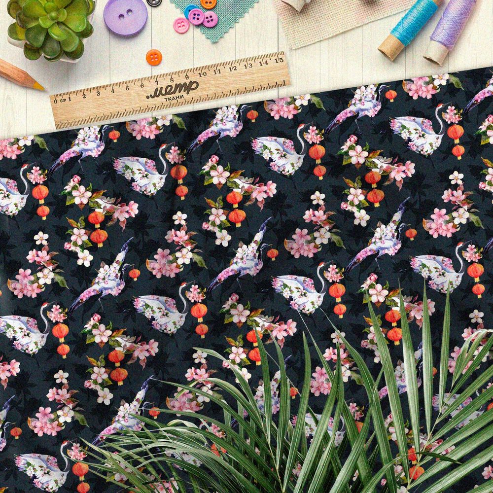 Ткань бифлекс цветущие цапли и белые грибы