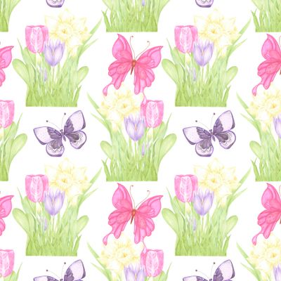 Цветущий сад. Цветы и бабочки. Акварельный паттерн.