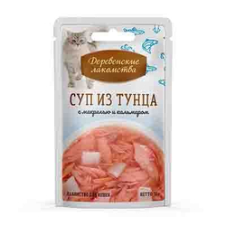 Деревенские Лакомства для кошек Суп из Тунца с Кальмаром и Макрелью, 35гр