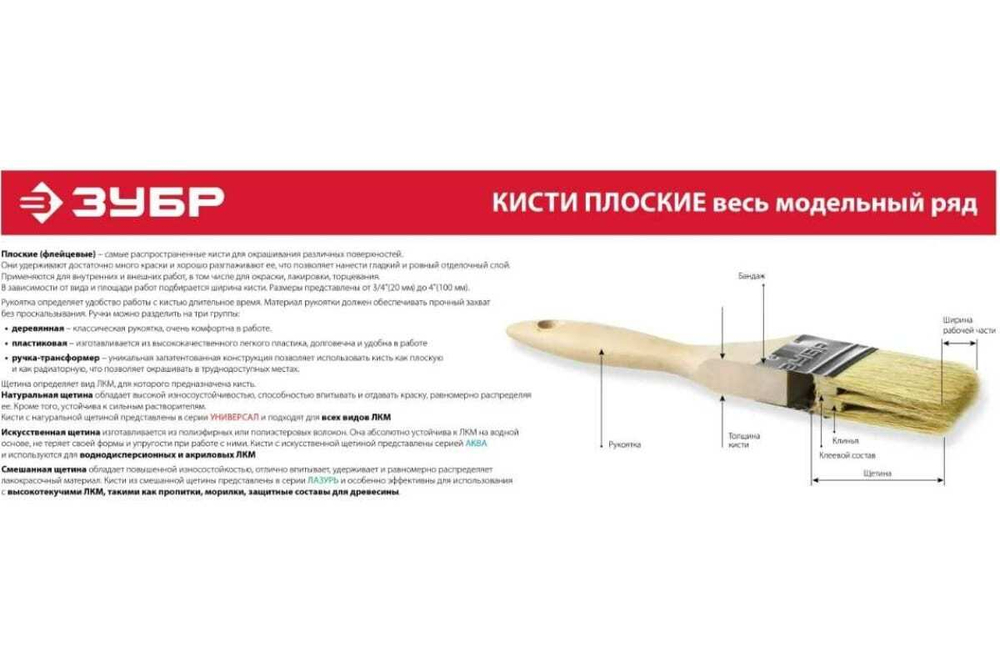 Плоская кисть Зубр Универсал Стандарт деревянная ручка 75 мм 4-01001-075