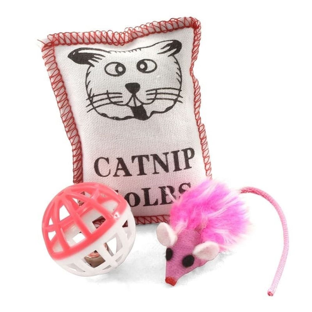 Набор игрушек для кошек (мяч-погремушка 4 см, тканевая мышь 5 см, подушка из хлопка 7х9 см) TRIOL