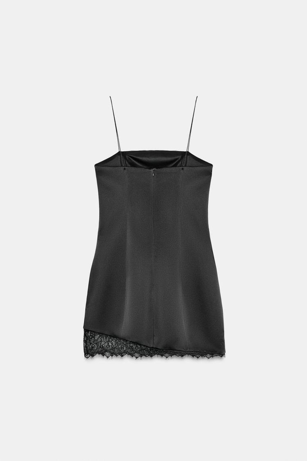 ZARA КОРОТКОЕ АТЛАСНОЕ ПЛАТЬЕ С КРУЖЕВОМ, ЧЕРНЫЙ