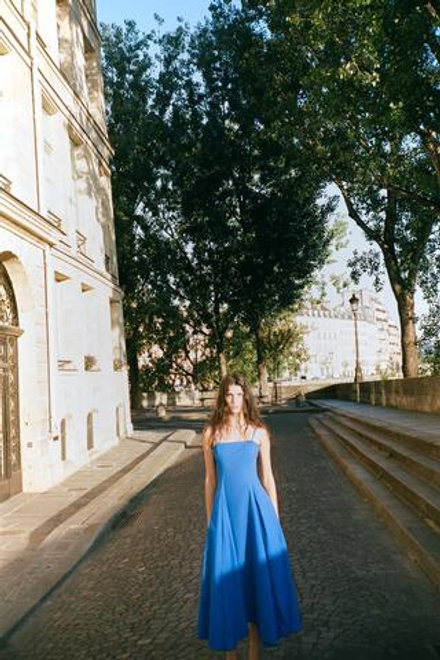 ZARA АСИММЕТРИЧНОЕ ПЛАТЬЕ МИДИ ИЗ ПОПЛИНА, ВАСИЛЬКОВЫЙ