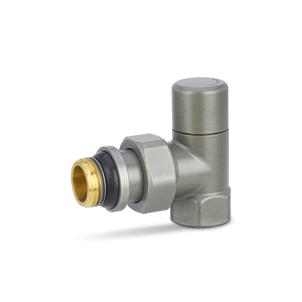 Клапан балансировочный угловой Varmega VMDV03 серый - 1/2" (ВР/НР-американка, PN10, Tmax 110°C, O-ring)