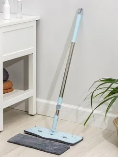 Швабра для мытья пола силиконовая, мягкая, насадка из микрофибры 39×14 см, телескопическая ручка из нержавеющей стали 88-128 см, цвет голубой