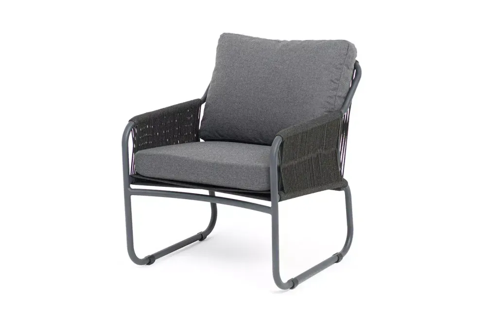 "Ането" кресло плетеное из роупа, каркас алюминий темно-серый (RAL7024) муар, роуп темно-серый круглый, ткань темно-серая 027