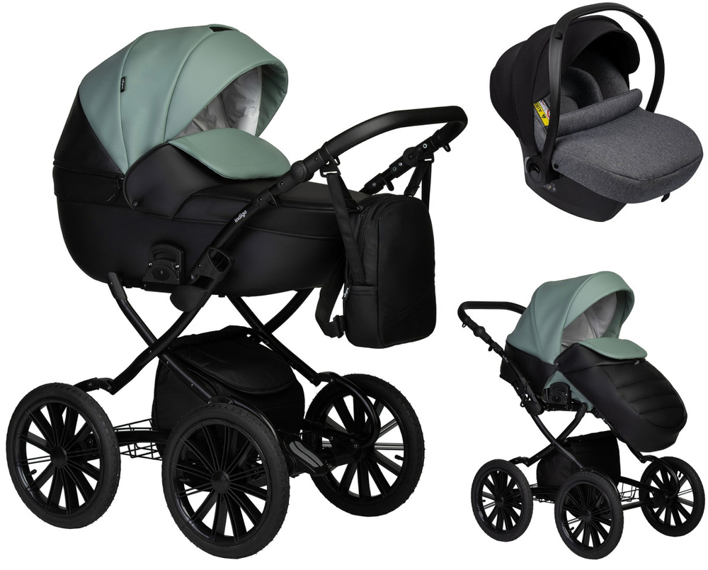 Детская коляска Indigo Mio Eco Plus 14 3 в 1 с автокреслом Avionaut Cosmo Grey 05 черная кожа+шалфей кожа