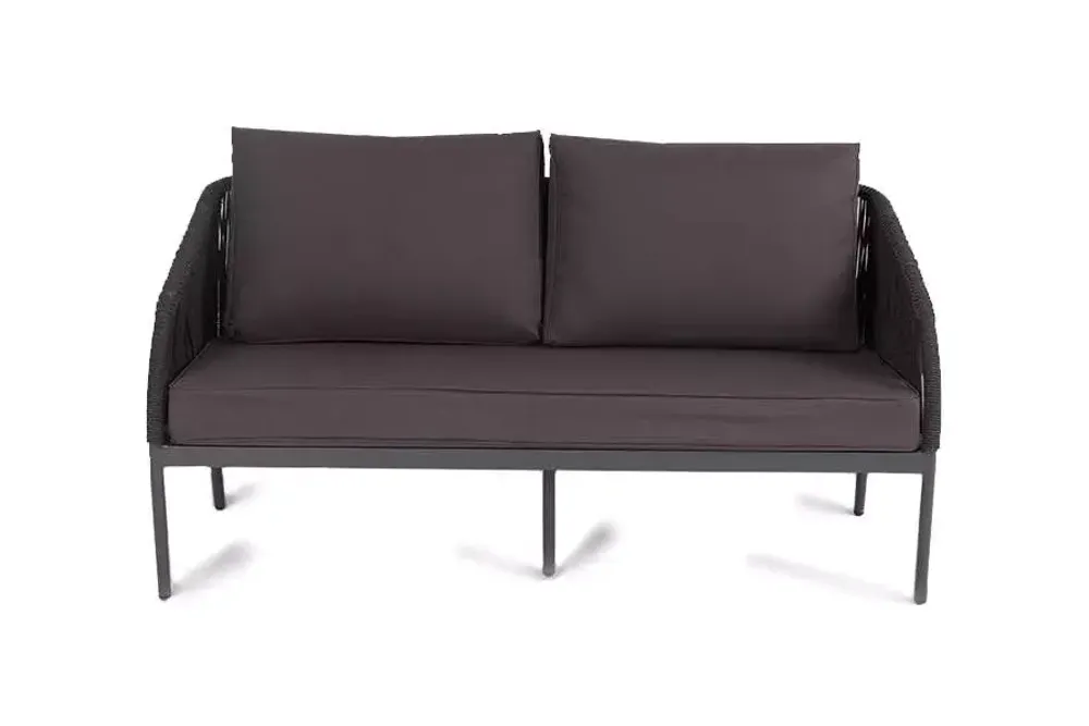 "Канны" диван 2-местный плетеный из роупа, каркас алюминий темно-серый (RAL7024) матовый, роуп темно-серый круглый, ткань интерьерная