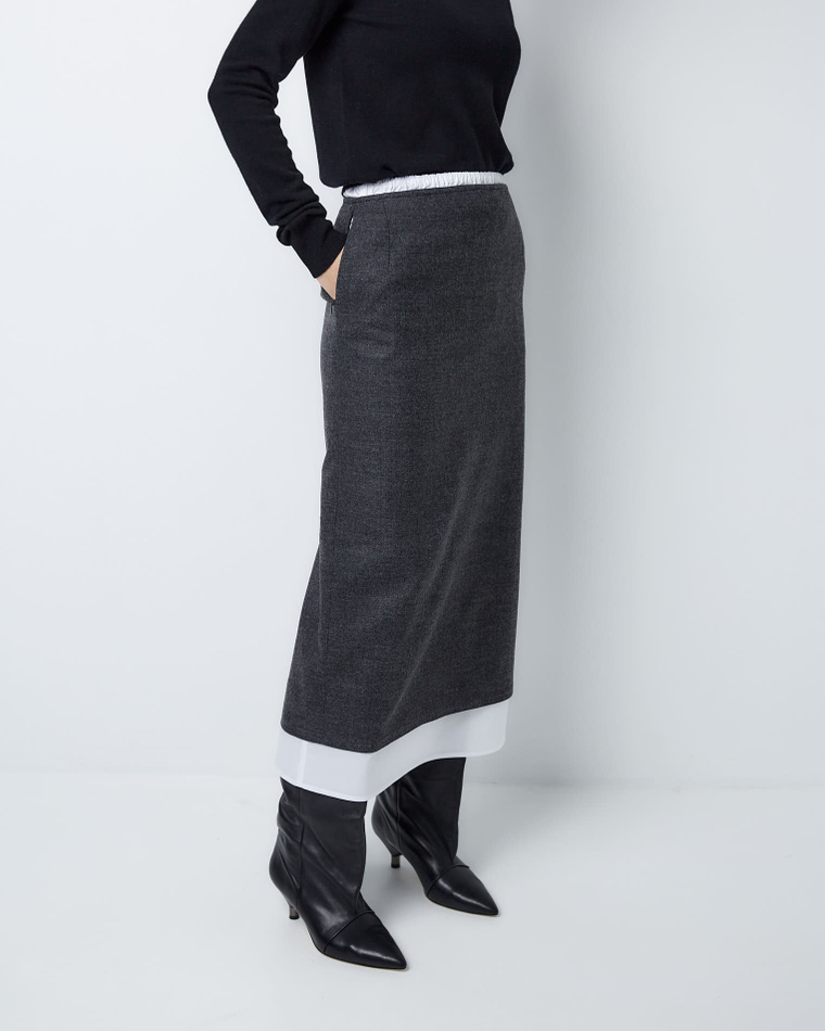 Юбка из тонкой шерсти с подъюбником из хлопка елочка серый/белый