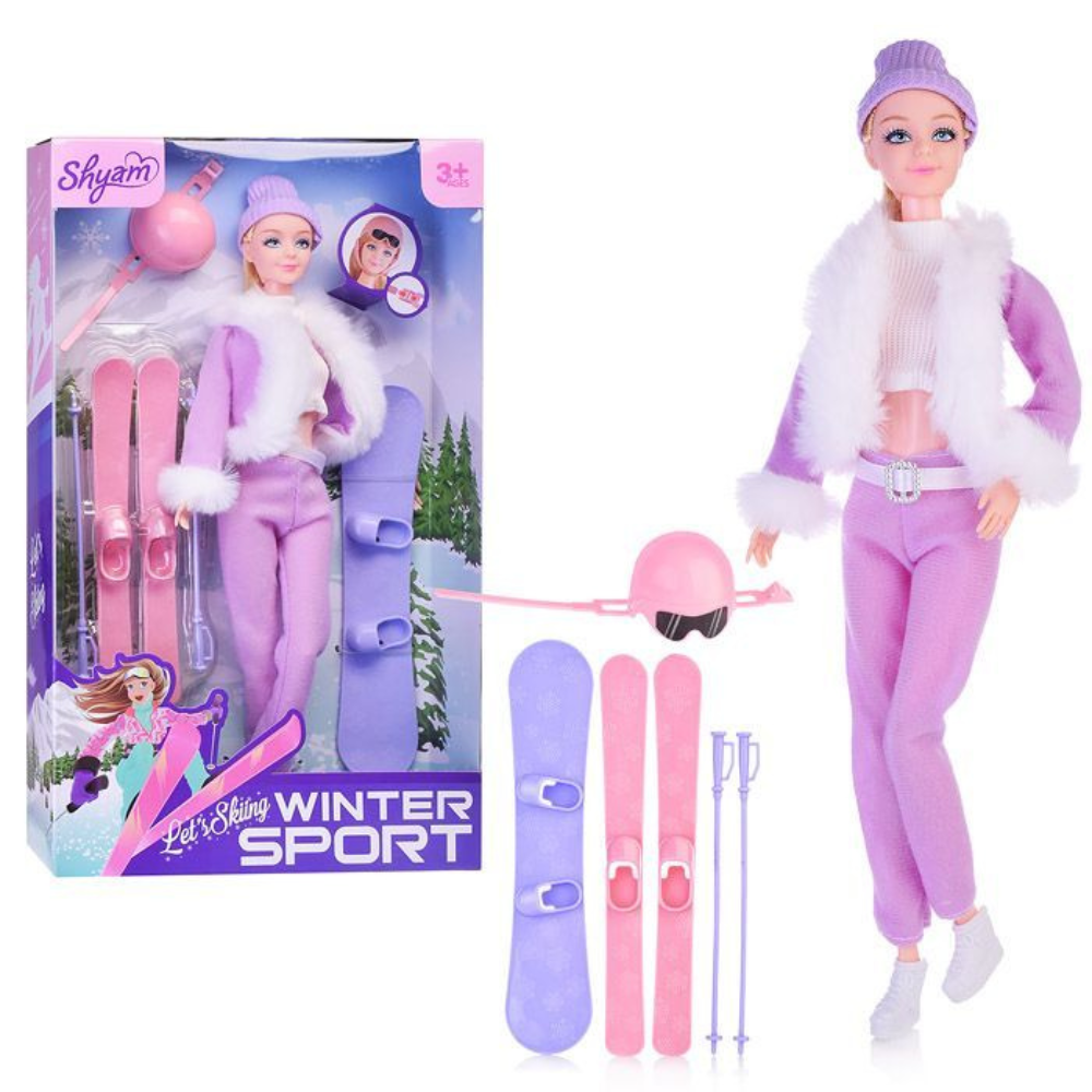 Кукла Барби со сноубордом и лыжами