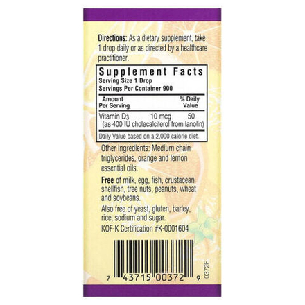 Витамин D Bluebonnet Nutrition, Жидкий витамин D3 в каплях, натуральный аромат цитрусовых, 400 МЕ, 1 жидк. унц. (30 мл)