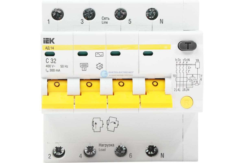Дифференциальный автоматический выключатель АД14 4Р 63А 30мА IEK