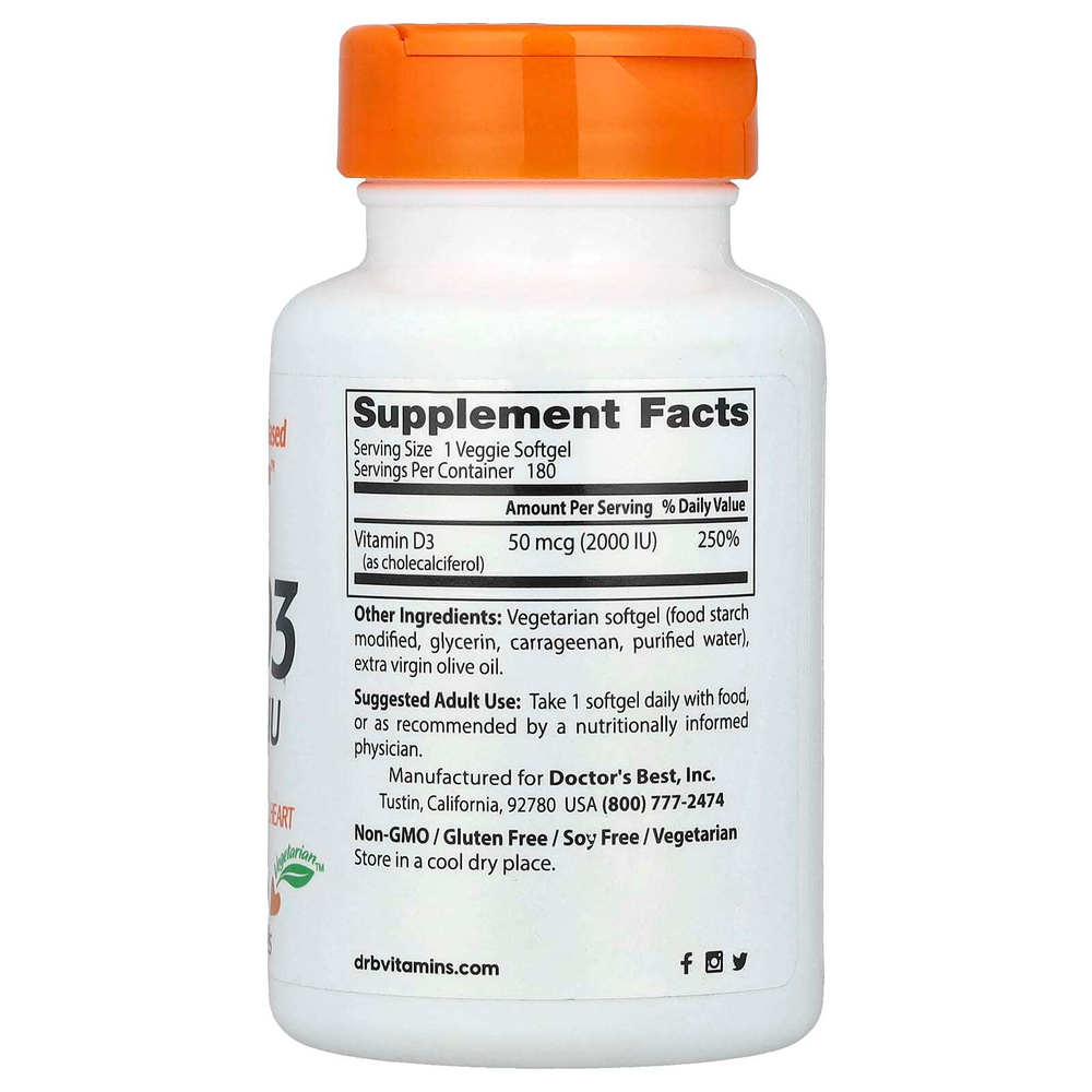 Doctor's Best, Витамин D3, 50 мкг (2000 МЕ), 180 растительных капсул