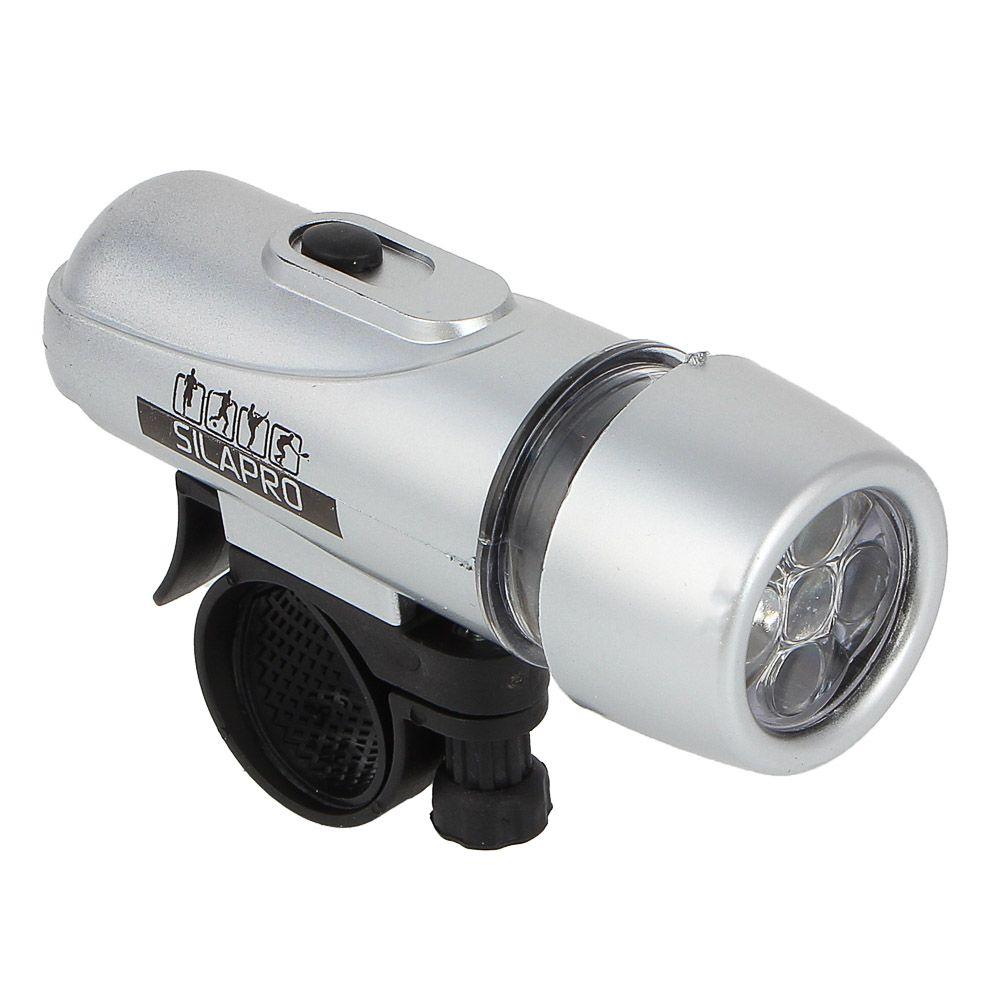 Фонарь велосипедный передний SILAPRO, 5 светодиодов (LED), 2 режима работы, питание от 4 батареек ААА, крепление на руль, пластик