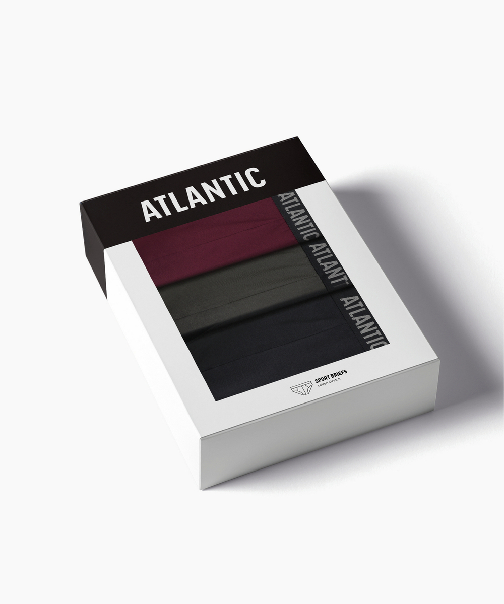Мужские трусы слипы спорт Atlantic, набор 3 шт., хлопок, тёмно-фиолетовые + чёрные + тёмные хаки, 3MP-094