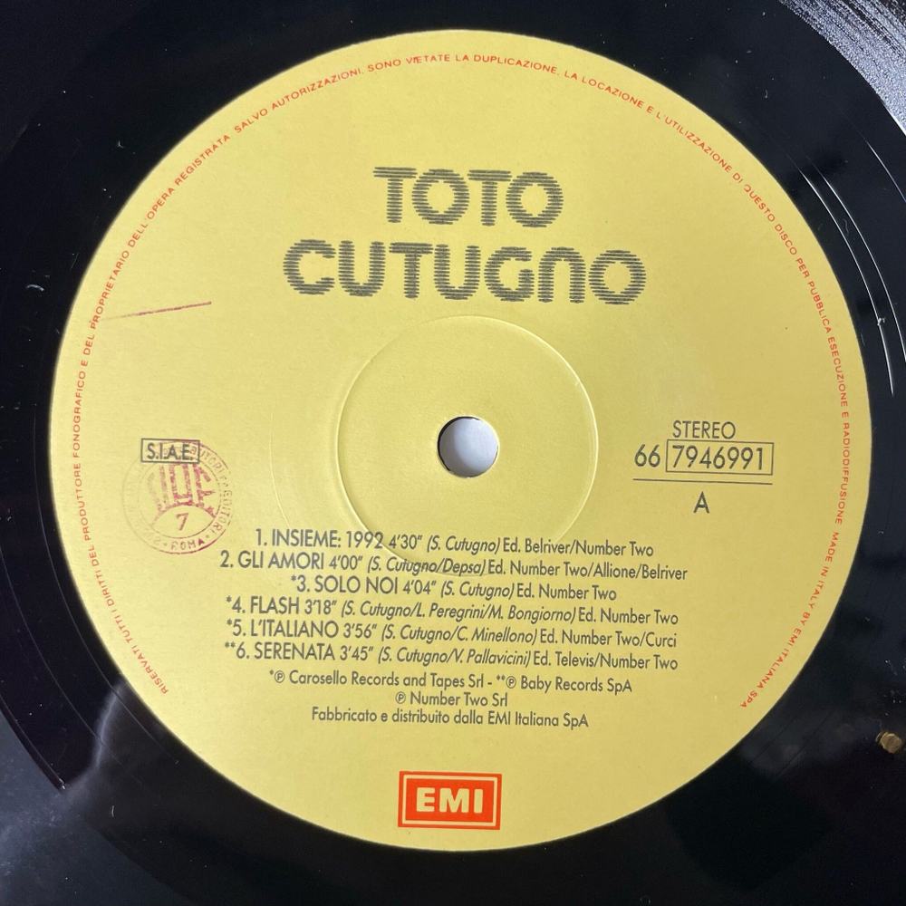 Винтажная виниловая пластинка LP Toto Cutugno (Italy 1990)