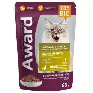 Влажный корм AWARD Hairball & Indoor для выведения шерсти у взрослых домашних кошек, кусочки в соусе с уткой
