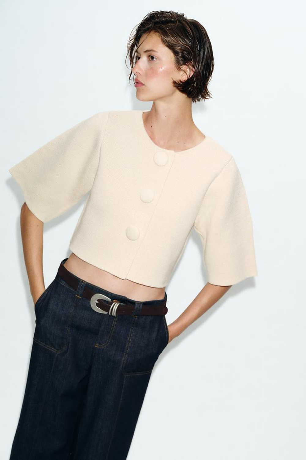 ZARA УКОРОЧЕННЫЙ ВЯЗАНЫЙ КАРДИГАН, ЭКРЮ