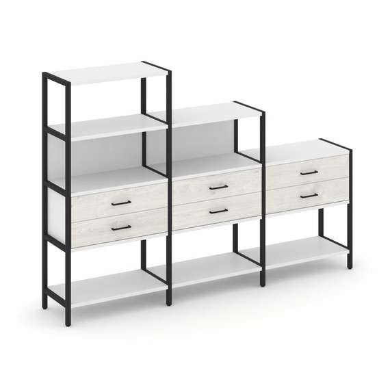 Shelf System Трехсекционный стеллаж четырех/трех/двухярусный с ящиками SN.STM-431 Белый/Дуб Наварра/