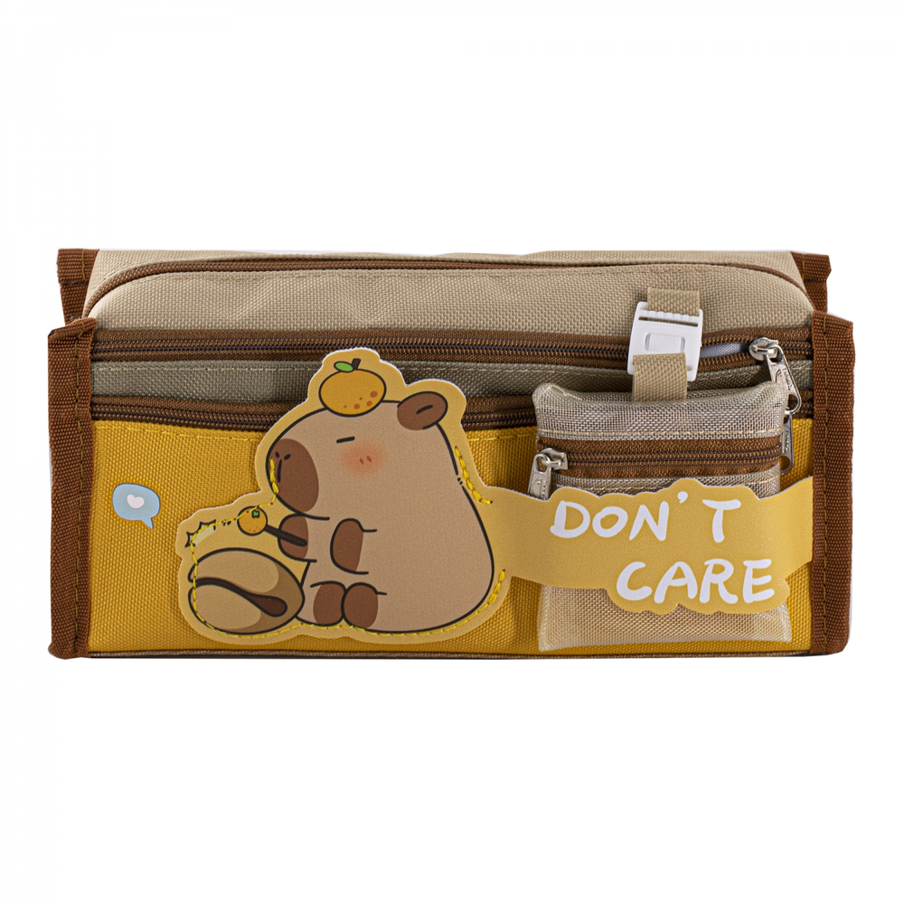 Пенал - косметичка Alingar, ткань, молния, 2 боковых кармана, мини-кошелек, 195 х 90 х 50 мм, "DON'T CARE" капибара, бежевый, европодвес