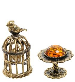 Народные промыслы AM-1883 Фигурка «Птички в клетке» (латунь, янтарь)