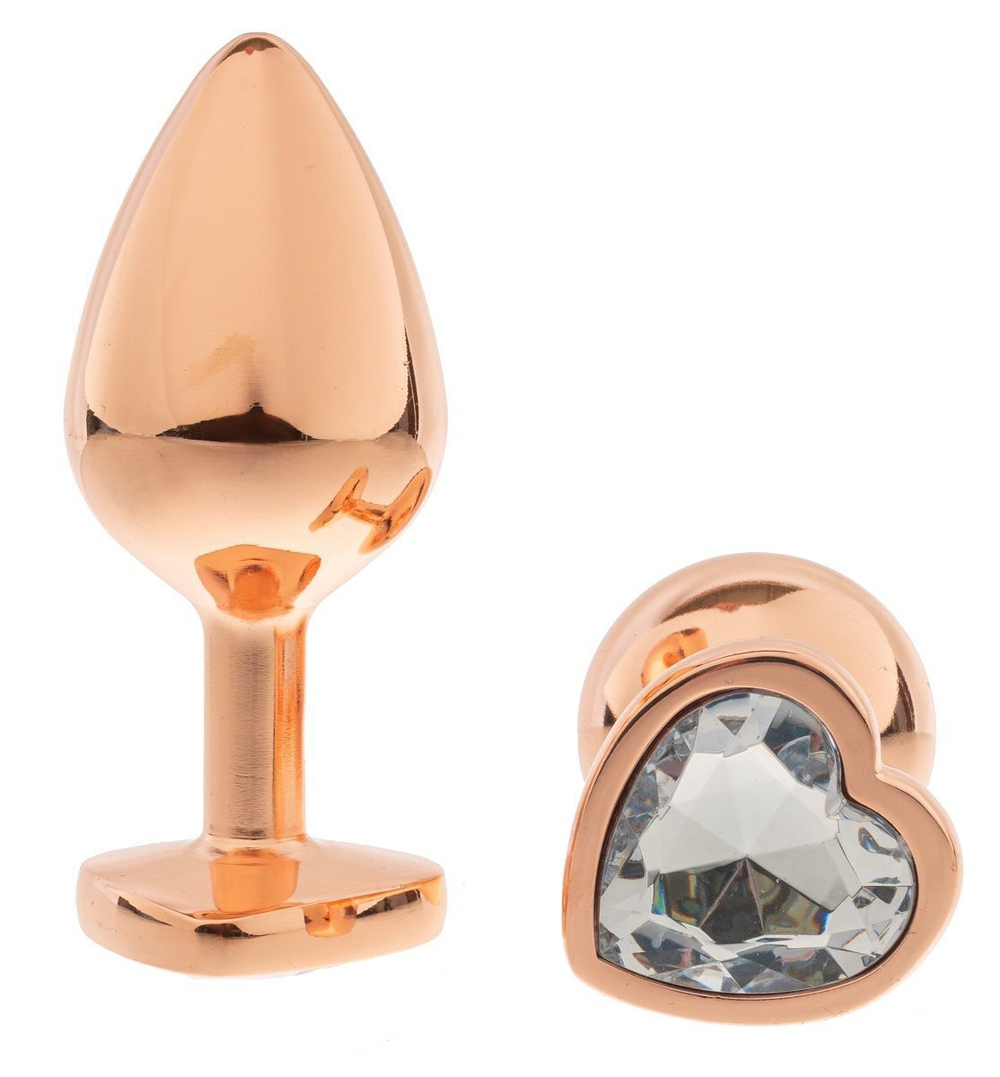 Золотистая анальная пробка OYO с прозрачным кристаллом-сердцем - 7,3 см. (Цвет: прозрачный)